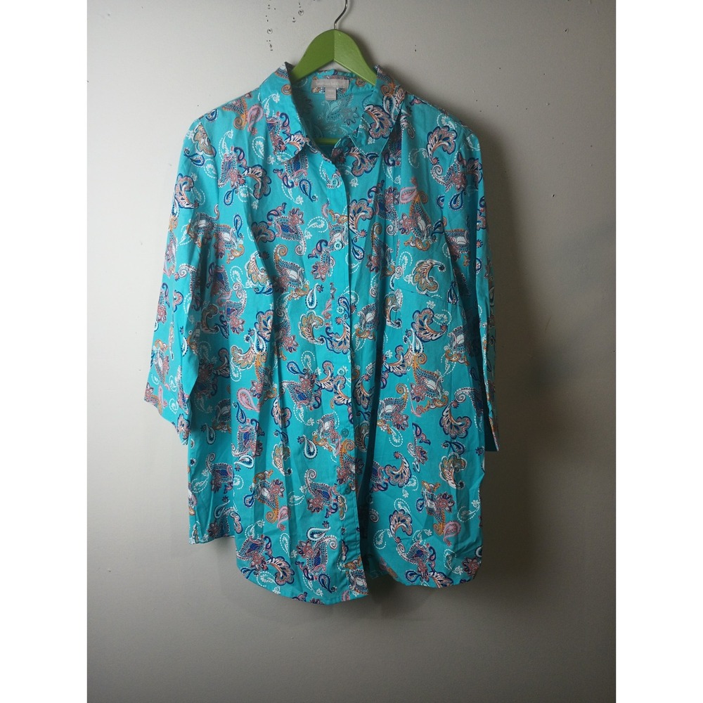 Woman Within Paisley Button Up Tunic Shirt Turquoise Blue 100% Cotton 18/20 L
